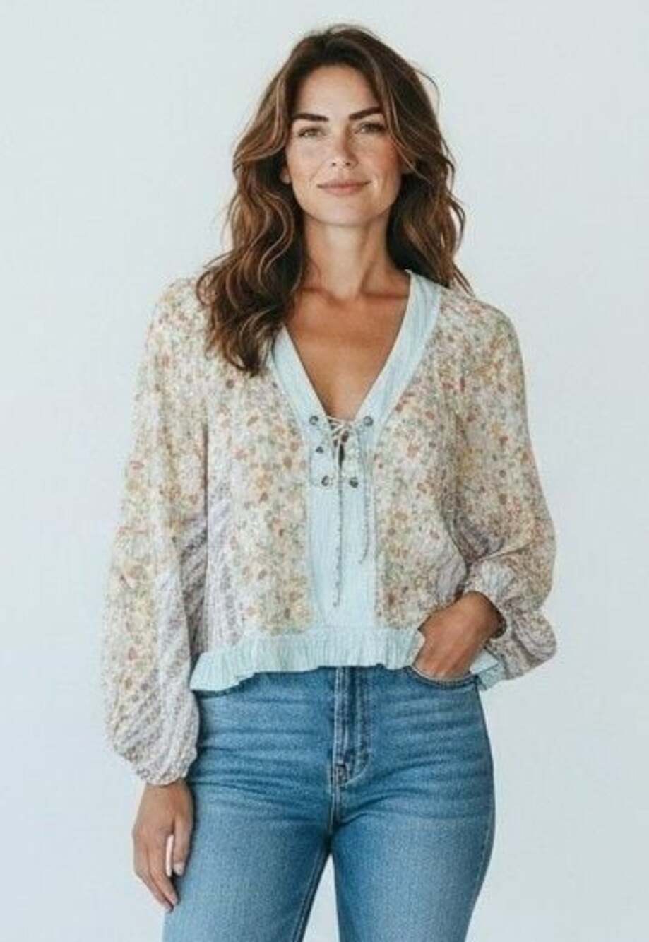 POL Floral Patchwork Lace-Up V-Neck Long Sleeve Blouse Top GWT448 Small